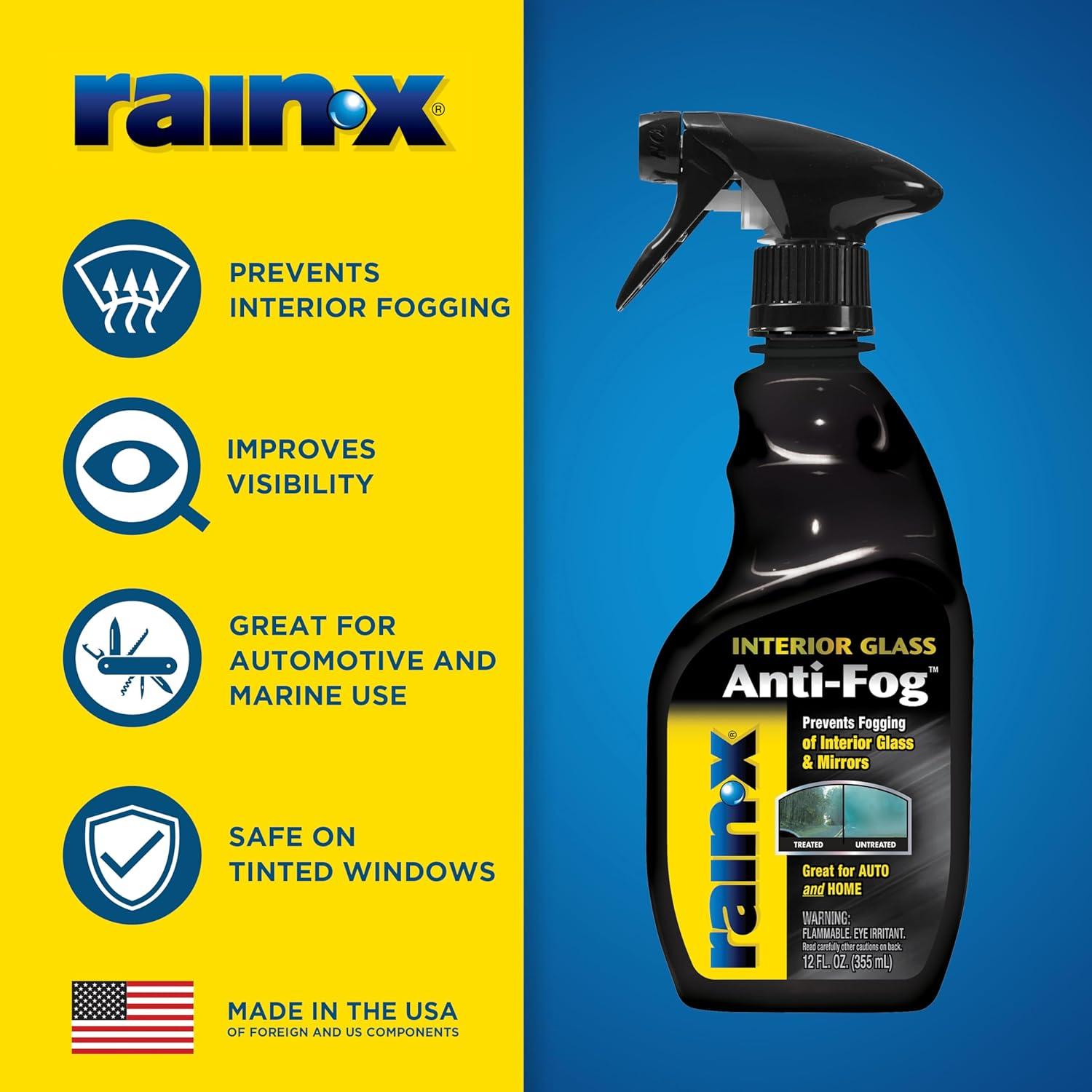 imageRainX 630046 Interior Glass AntiFog 12 oz Prevents Fogging of Interior Glass and Mirrors Usable on Both Automobiles and Marine Vehicles12 Fl Oz Pack of 1