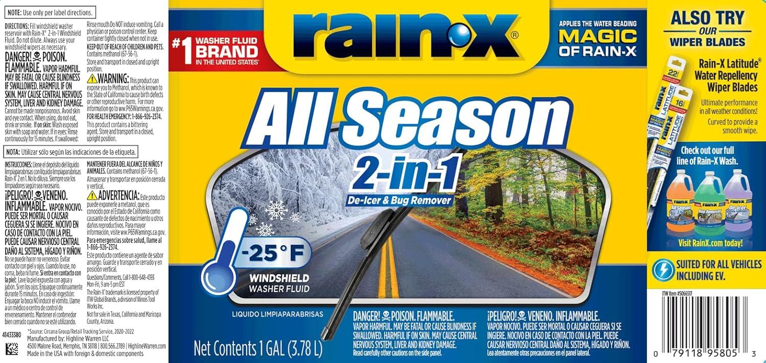 image:imageRainX All Season 25F 2in1 DeIcer amp Bug Remover Windshield Washer Fluid 1 Gallon Pack of 61 Pack