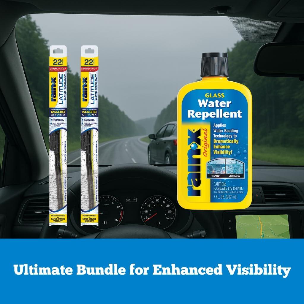 image:imageRainX Windshield Weather Protection Bundle 22 Inch Latitude 2in1 Water Repellent Wiper Blades Pack of 2 with 7 oz Glass Treatment