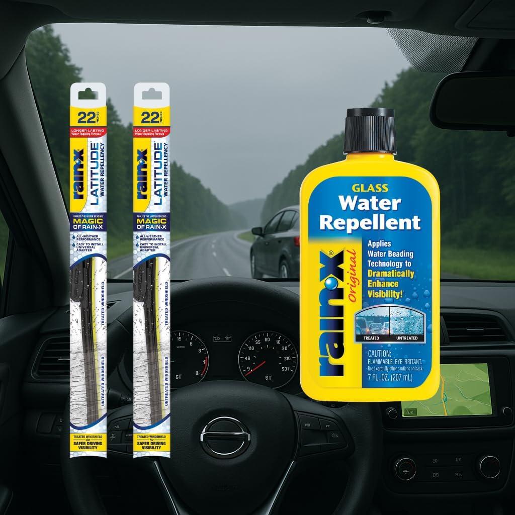image:imageRainX Windshield Weather Protection Bundle 22 Inch Latitude 2in1 Water Repellent Wiper Blades Pack of 2 with 7 oz Glass Treatment
