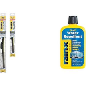 Rain-X Windshield Weather Protection Bundle – 26″ & 17″ Latitude 2-in-1 Water Repellent Wiper Blades (2-Pack) with 7 oz. Glass Treatment