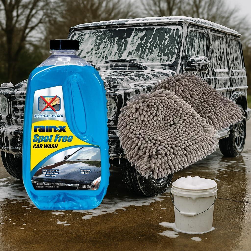image:imageRainX 48 fl oz Spot Free Car Wash Soap with 2Pack Microfiber Wash Mitts 1044 x 906 Deep Cleaning Bundle for Car Detailing