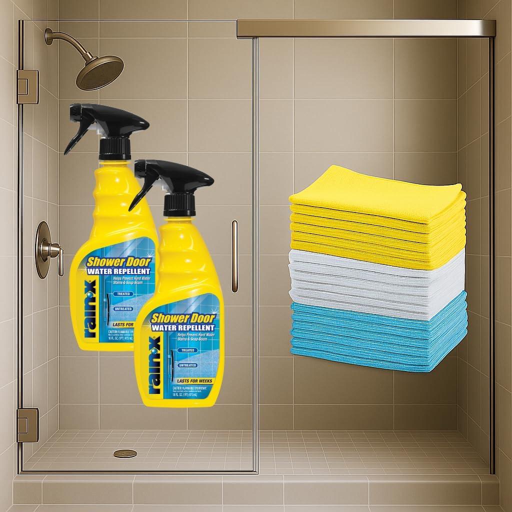 image:imageRainX 630542 Water Repellent 16 Fl Oz Pack of 2 with Amazon Basics Microfiber Cleaning Cloths 16 x 12 24Pack Glass Shower Door Protection Bundle