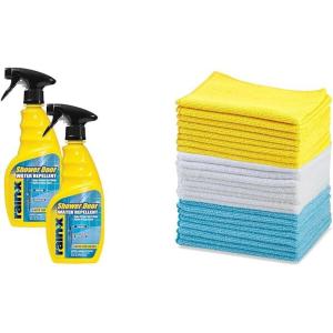 Rain-X 630542 Water Repellent 16 Fl. Oz. (Pack of 2) with Amazon Basics Microfiber Cleaning Cloths, 16″ x 12″ (24-Pack) – Glass Shower Door Protection Bundle